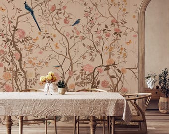 Chinoiserie Bird Floral Wallpaper Mural, Vintage Asian Birds Blossom Wall Art, Peel Stick- Traditional