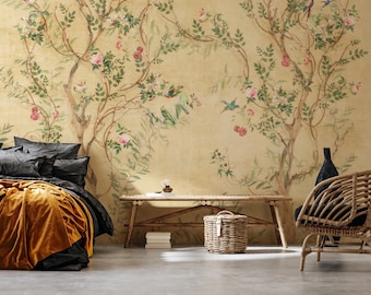 Chinoiserie Vogel- und Blüten-Tapete - Elegantes botanisches Wandbild