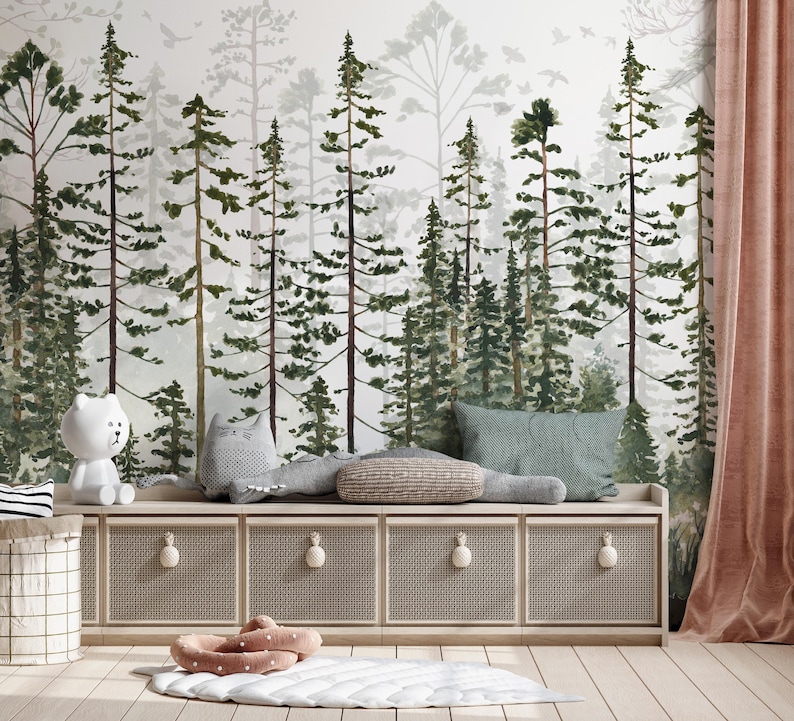 Pine Tree Forest Wallpaper Mural – Scandinavian Woodland Wall Art ...
