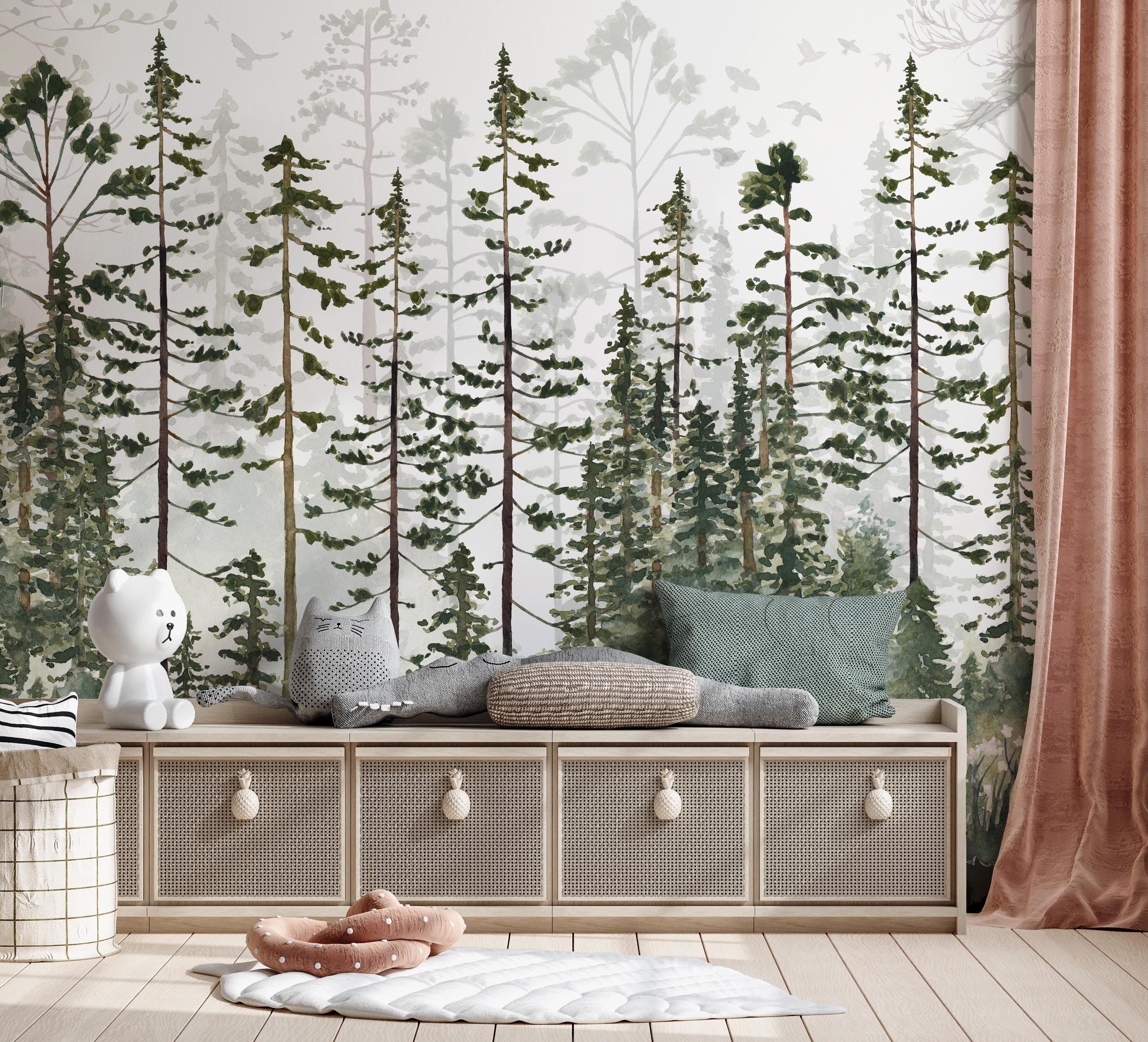 Pine Tree Forest Wallpaper Mural – Scandinavian Woodland Wall Art ...