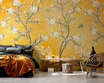 Gold Chinoiserie Vogel- und Blumentapete - Vintage botanisches Vogel-Wandbild - traditionell schälen und aufkleben