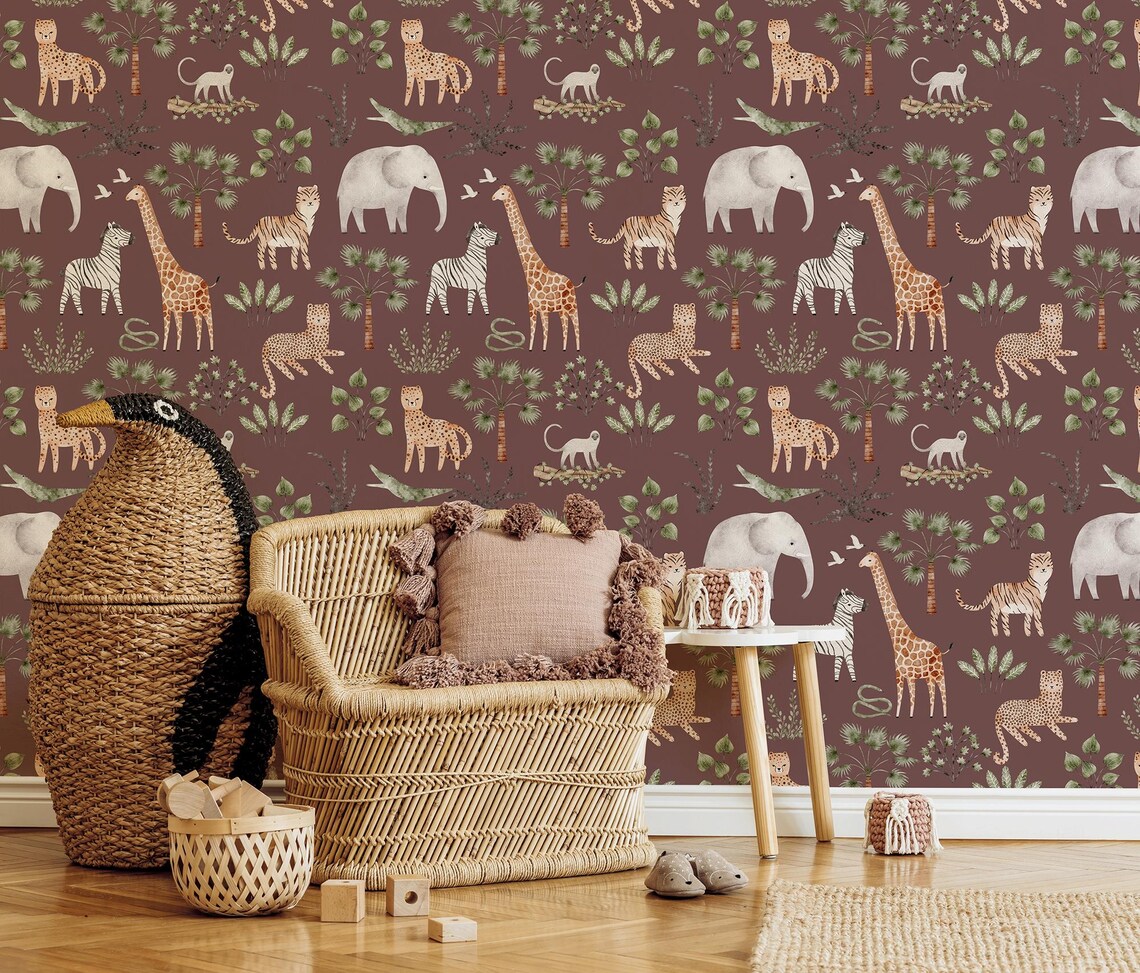 Safari Nursery Wallpaper, Jungle Animals and Tropical Trees Mural, Peel ...