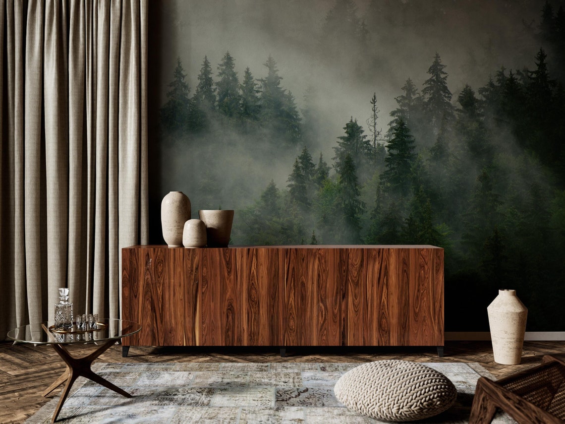 Misty Pine Forest Wallpaper Mural – Foggy Woodland Tree Wall Art – Peel ...