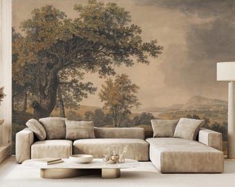 Vintage Tree Landscape Wallpaper Mural,  Rural Countryside Wall Art,  Scenic Peel & Stick or Traditional