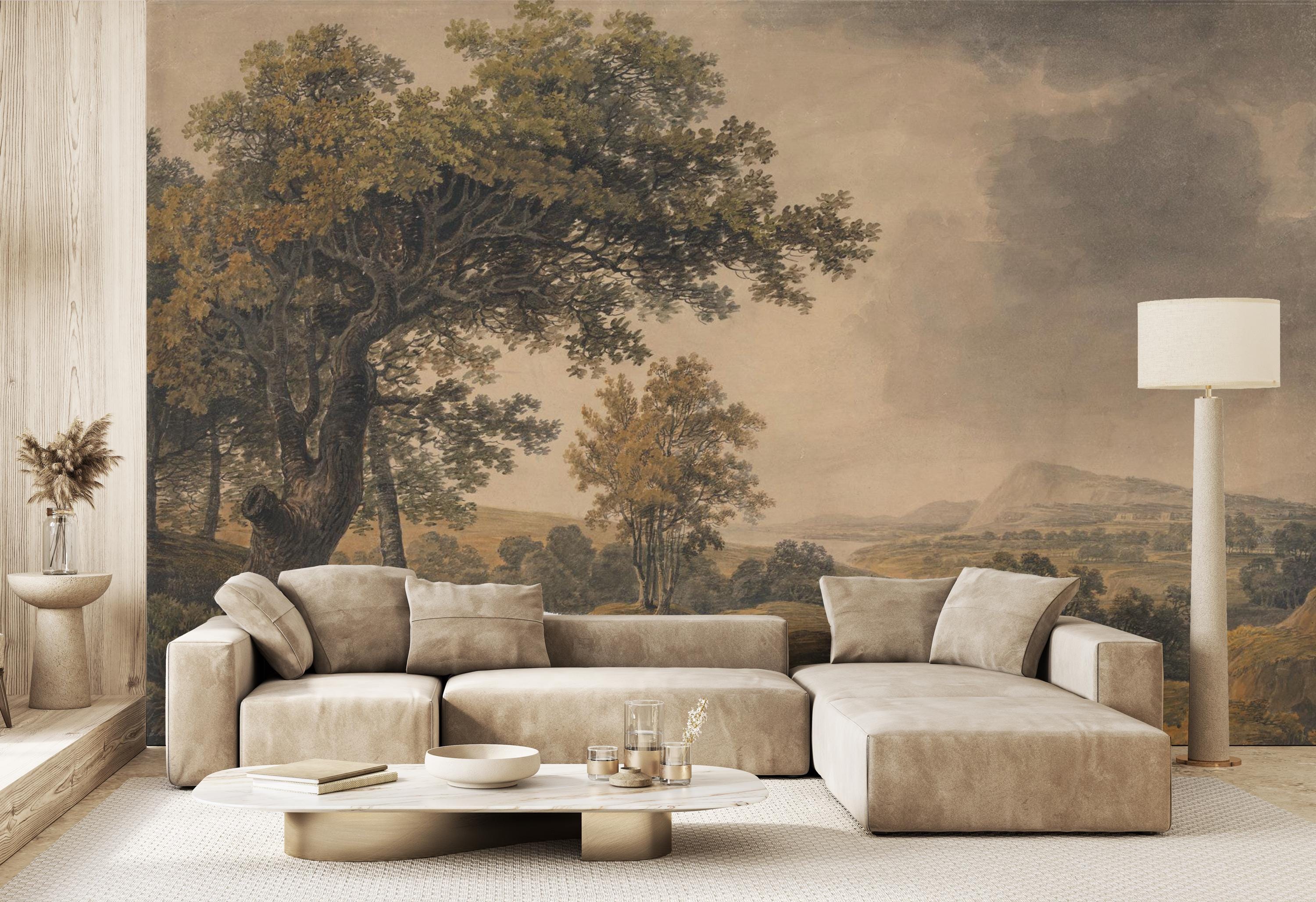 Vintage Tree Landscape Wallpaper Mural, Rural Countryside Wall Art ...