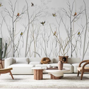 Birds and Branches Mural, Chinoiserie Wallpaper, Wallpaper Vintage, Bird and Trees Wallpaper Peel and Stick