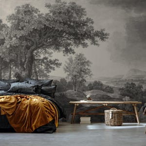 Vintage Landscape Wallpaper, Tree Landscape Scenic wallpaper, Black and White Rural wallpaper, Peel and Stick , Textile vinyl wallpaper