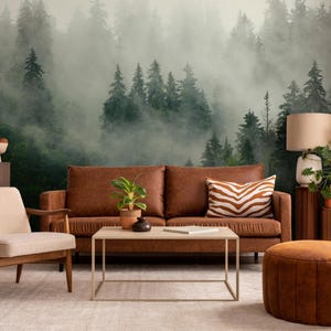 Misty Pine Forest Wallpaper Mural – Foggy Woodland Tree Wall Art – Peel ...