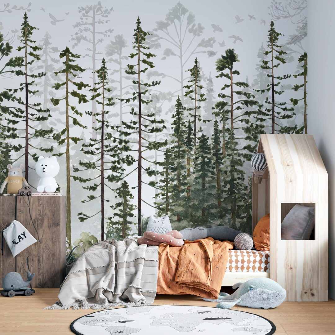 Pine Tree Forest Wallpaper Mural – Scandinavian Woodland Wall Art ...