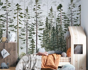 Carta da parati murale con foresta di pini – Arte murale con boschi scandinavi – Carta da parati staccabile e adesiva o tradizionale