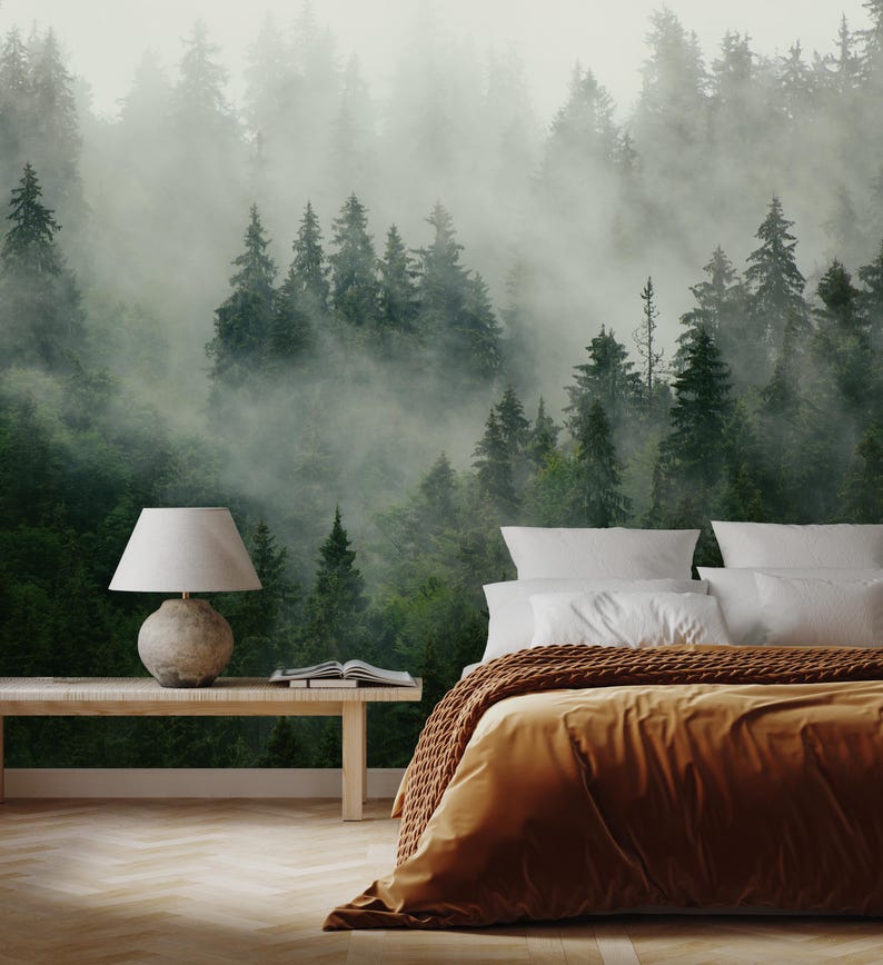 Misty Pine Forest Wallpaper Mural – Foggy Woodland Tree Wall Art – Peel ...