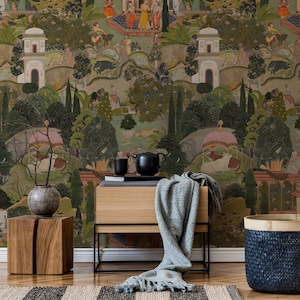 Weelderig Jaipur-tuinbehang – Indiase Peel-and-Stick-muurschildering – Indiaas behang – Zeer gedetailleerd behang voor een vintage look