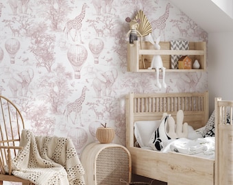 Papel pintado infantil con diseño de animales de safari, elefante, jirafa, globo aerostático, mural de pared infantil