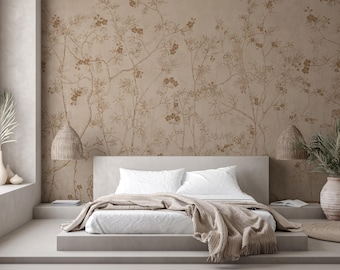 French Country Neutral Wallpaper, Vintage Botanical Wall Mural, Rustic Floral Peel and Stick Wallpaper