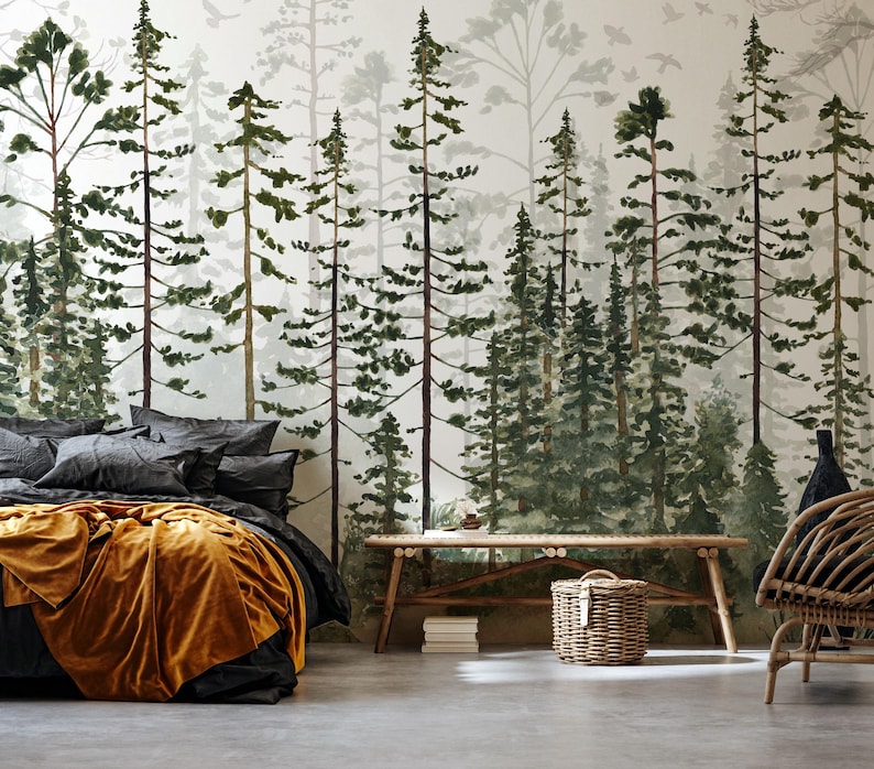Nursery Woodland Wallpaper, Pine Tree Wallpaper, Forest Wall Mural