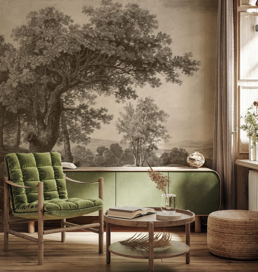 Vintage Tree Landscape Wallpaper Mural, Rural Countryside Wall Art ...