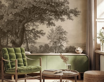 Vintage Tree Landscape Wallpaper Mural,  Rural Countryside Wall Art,  Scenic Peel & Stick or Traditional