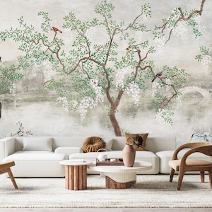 Chinoiserie Mural with Birds Peel and Stick , Vintage Chinoiserie Botanical Wallpaper Mural, Wallpaper With Birds and Flower