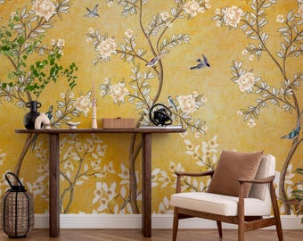 Gold Chinoiserie Bird & Floral Wallpaper – Vintage Botanical Bird Wall Mural – Peel and Stick Traditional