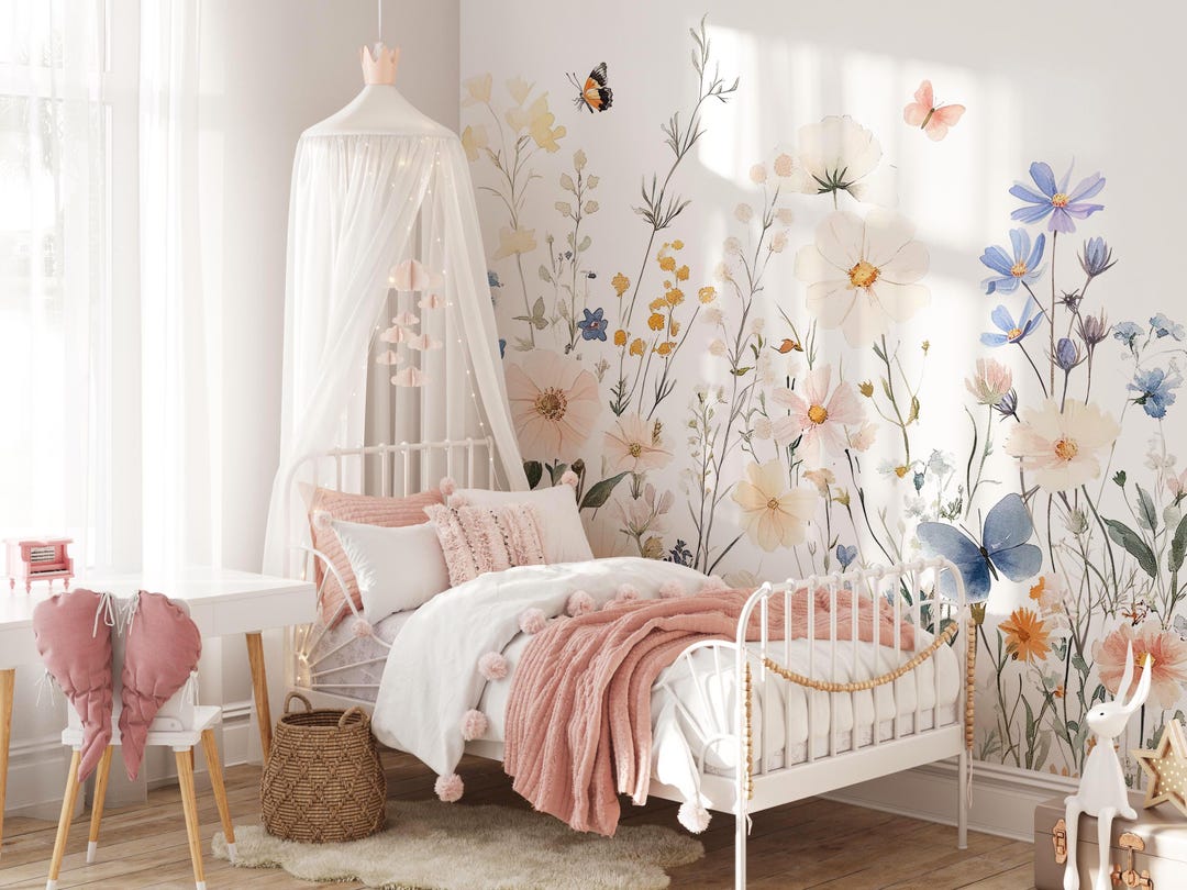 Watercolor Wildflower - Butterfly Wallpaper, Floral Wall Mural for ...