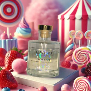 May include: A clear glass bottle with a gold lid and a label that reads "LIWUMI - Blissful Raspberry Organic Light Diffuser". The bottle is surrounded by colorful candy, strawberries, and other sweet treats.