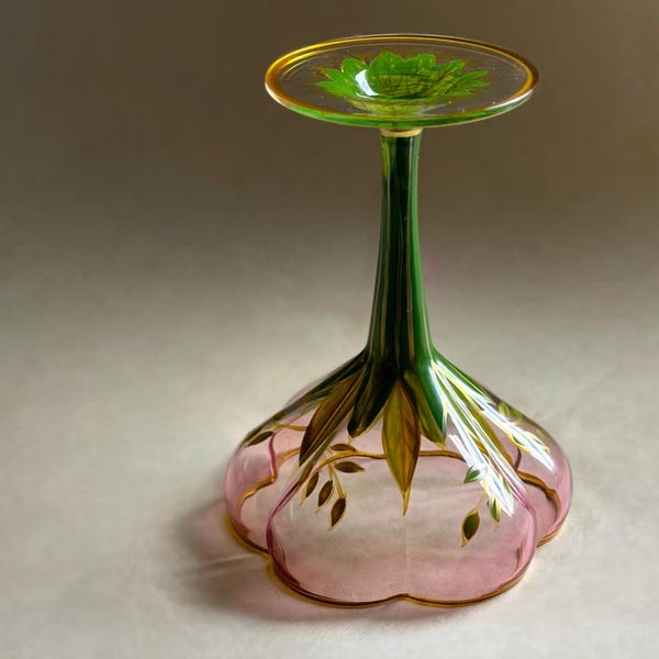 Hand-Painted Floral Champagne Glass with Gold Rim, Khaki-Pink Festive Drinkware