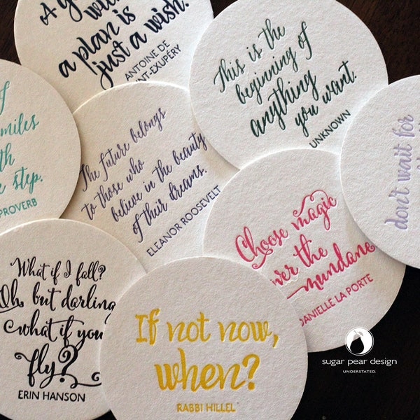beverage coasters with inspirational quotes | letterpress printed | set of 6