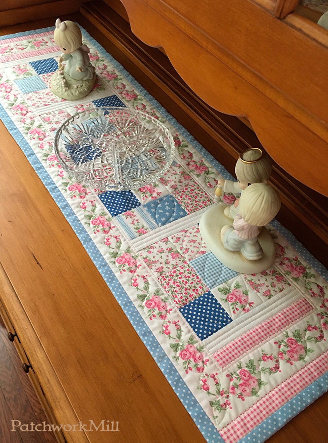 Table Runner Quilted Blue Shabby Cottage Chic Roses Pink Etsy