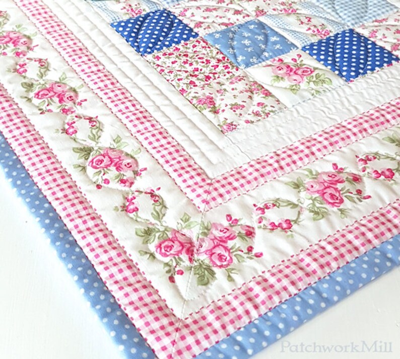 Table Runner Quilted Blue Shabby Cottage Chic Roses Pink Etsy