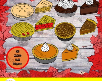 May include: A collection of illustrated pies and pie slices in various flavors, including apple, cherry, chocolate, and pumpkin. The image includes a round graphic with the text "NON COLORED FILES INCLUDED!" and the words "PNG PDF SVG".