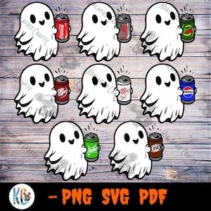 May include: A collection of cartoon ghost illustrations, each holding a different soda can. The cans include Coca-Cola, Diet Coke, Dr. Pepper, Pepsi, Sprite, and A&W Root Beer. The image has the text "- PNG SVG PDF" at the bottom.