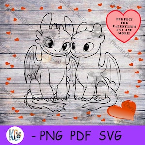 May include: Line art illustration of two dragons, side by side, with wings and large eyes. The image includes the text "- PNG PDF SVG" and a pink heart with the text "PERFECT FOR VALENTINE'S DAY AND MORE!" on a wooden background with small orange hearts.