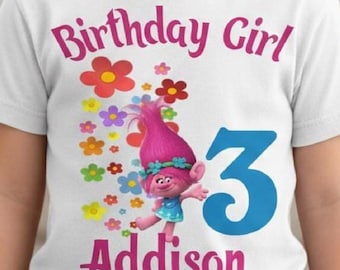 Custom Trolls Poppy Birthday Shirt, Personalized Name Age Girl Tee