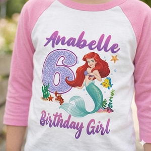 Little Mermaid Birthday Girl Raglan Shirt, Personalized Ariel Princess Tee image 1