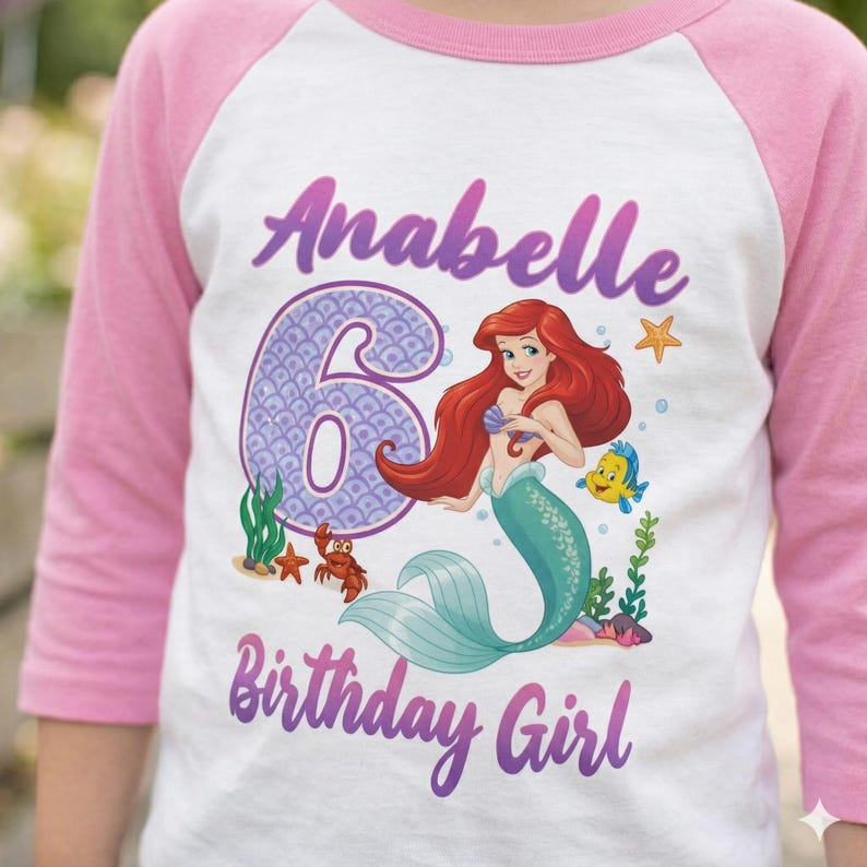 Little Mermaid Birthday Girl Raglan Shirt, Personalized Ariel Princess Tee image 1