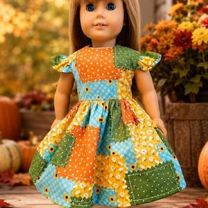 18 Inch Doll Patchwork Dress / Patchwork Handmade Doll Dress / Ruffle Sleeve 18 in Doll dress / Fall Doll Clothes