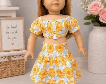 Ropa para muñecas de 45 cm / Conjunto de girasoles para muñecas / Conjunto de falda de dos piezas para muñecas de 45 cm / Top corto de manga abullonada / Conjunto de top corto y falda para muñecas de 45 cm