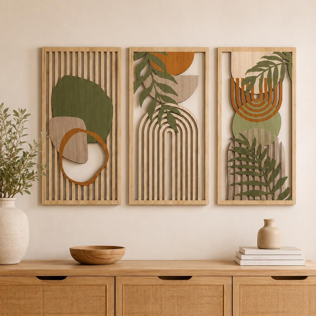 Abstract Boho Wood Wall Art Set, Mid Century Modern Decor, Geometric ...
