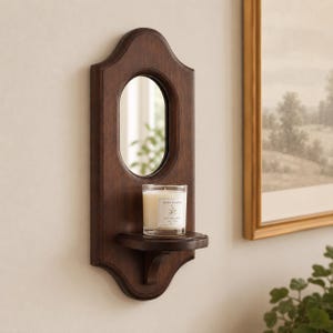 Wandregal aus Holz mit Spiegel, Vintage-Retro-Design, Kerzenhalter, rustikale Dekoration, schwebendes Regal, dekorative Landhausdeko, kleines Wandregal