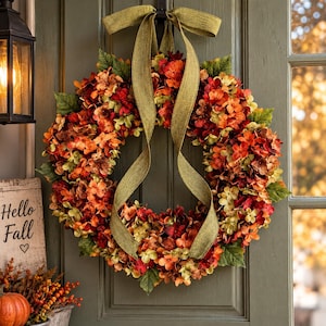 May include: A circular wreath composed of artificial hydrangea flowers in shades of orange, red, yellow, and brown, accented with green leaves. A wide, textured olive green ribbon is tied in a bow at the top, with two long tails hanging down.