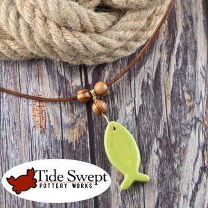 Ceramic Ichthys Fish Necklace for Men or Women, in &quot;Kelp Forest&quot; Green