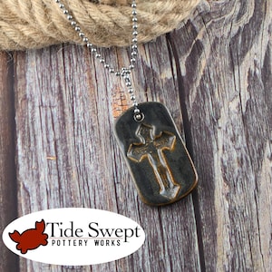 Handmade Ceramic Cross Tag Necklace: Stainless Steel Chain