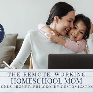 May include: A woman and child embrace while working on a laptop. The image includes the text "THE REMOTE-WORKING HOMESCHOOL MOM" and a logo that says "HOMESCHOOLING MARKETPLACE MAMA". A pen rests on the desk.