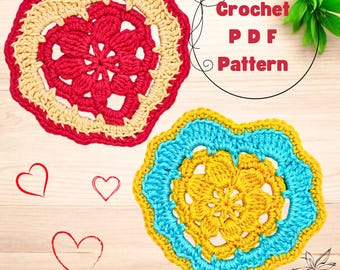 May include: Two crocheted heart-shaped doilies, one in red and yellow, the other in blue and yellow. The text "Crochet PDF Pattern" is visible in the image.