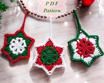 簡単なかぎ針編みのクリスマスデコレーション、初心者向けデジタルパターン、かぎ針編みのクリスマススター、かぎ針編みのクリスマスコースター、クリスマスツリーハンガー