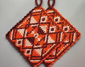 Dikke pannenlap gehaakt van 100% katoen, set van 2 pannenlappen/onderzetters met hanger, handgemaakte pannenonderzetter