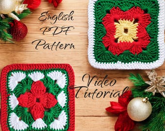 Tutorial em vídeo - Padrão fácil de crochê para porta-copos de Natal, PDF DIGITAL, Decoração de Natal em crochê, Padrão de crochê quadrado da vovó em PDF