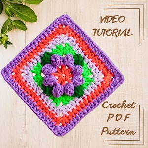 Einfaches Grandma Square häkeln 3D Blumenmuster, Video Anleitung, Häkelanleitung, Grandma Square für Decke, Grandma Square für Decke, Floral Grandma Square