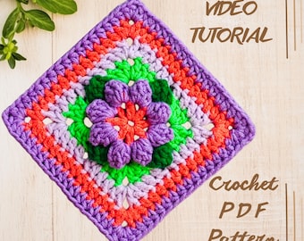 Easy granny square crochet 3D flower pattern, Video Tutorial, Crochet Pattern PDF, granny square for blanket, Floral Granny Square