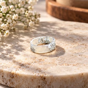 Frostlight Faceted White Resin Ring with Silver Flakes - Handmade Statement Jewelry